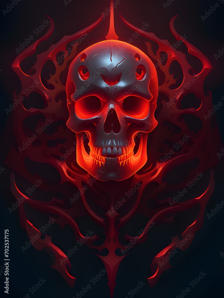 skull of fire with red flames and glowing smoke on black background.