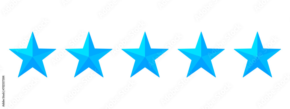 Five blue stars each with a 3D effect for high ranking or rating category reviews - obrazy, fototapety, plakaty 