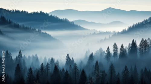 A serene blue-toned forest landscape enveloped in morning mist, with layers of mountains fading into the distance.