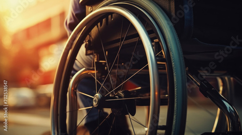 Close-up of a wheelchair in use during a beautiful sunset in an urban setting.