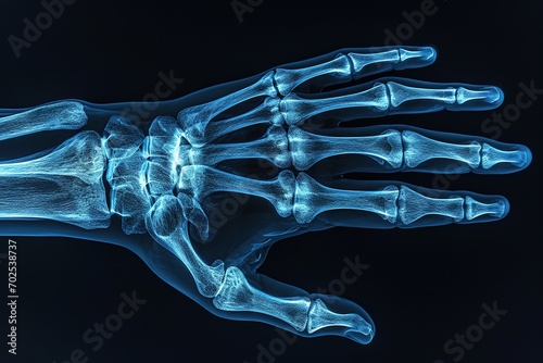 x ray image of hand, film image of man, concept, medicine, injury, physical examination Blue background.illustration photo