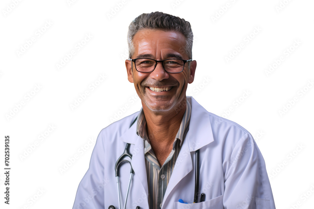 Smiling professional older man doctor wears white coat, glasses and stethoscope looking at camera. Happy bearded senior physician or therapist with dental smile posing for close up head shot portrait. Smiling professional older man doctor wears white coat, glasses and stethoscope looking at camera. Happy bearded senior physician or therapist with dental smile posing for close up head shot portrait.