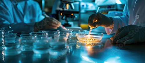 Scientists storing DNA samples in a dish.