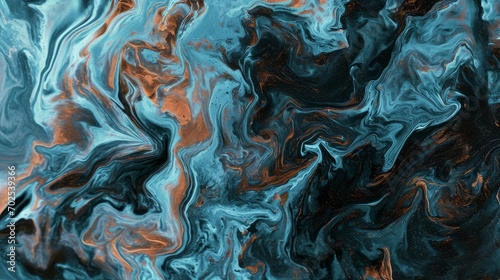 orange blue black abstract colorful psychedelic organic liquid paint ink marble texture background. dark fluent surface wave motion mix random pattern. creativity flow painting coincidence concept.