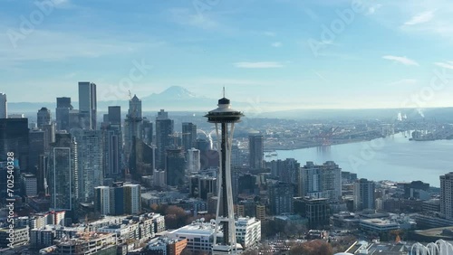 4K Aerial View of the skyline of Seattle with space needle and mount rainier photo