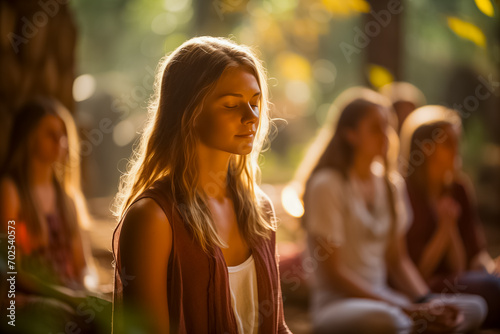 A tranquil group meditation session outdoors, with women focusing inward as sunlight filters through foliage photo