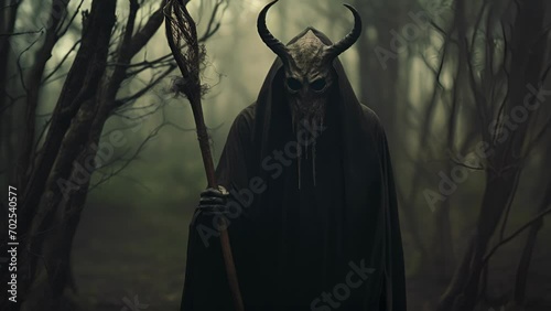 Horned cloaked figure with a scythe silently prowling shadowy woods. photo
