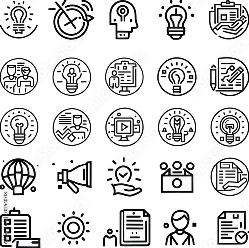 Vector set of creativity line icons. Contains icons idea, brainstorm, thought, quick tips, inspiration, teamwork and more