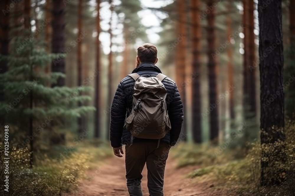 Man with backpack is walking along a forest path