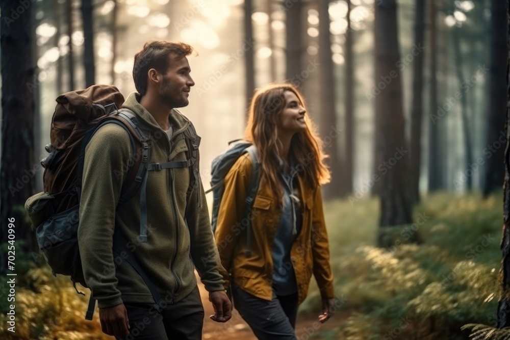 Fototapeta premium Happy young people friends backpackers walk along a path in a pine forest.
