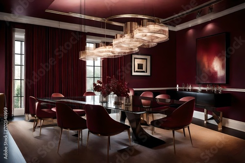 Modern elegance in a dining room with deep burgundy walls, a sleek glass table, and sculptural light fixtures