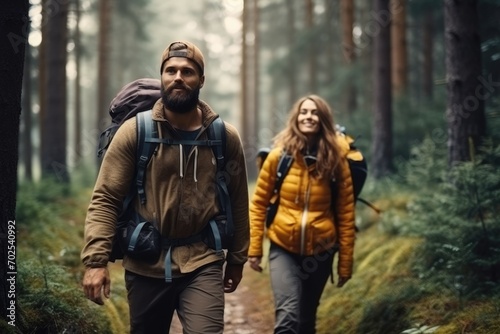 Happy young people friends backpackers walk along a path in a pine forest. © kardaska