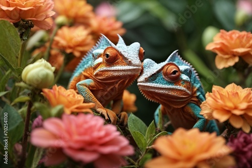 Chameleon on flower background, Chamaeleo calyptratus photo