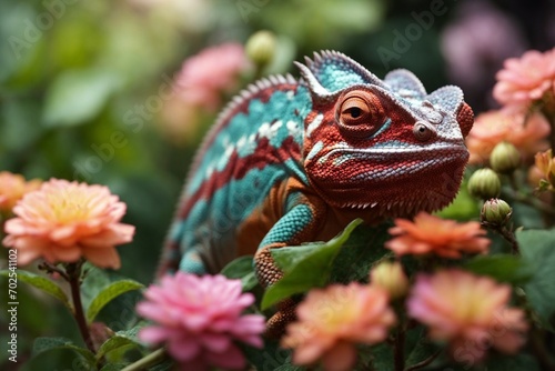 Chameleon on flower background  Chamaeleo calyptratus
