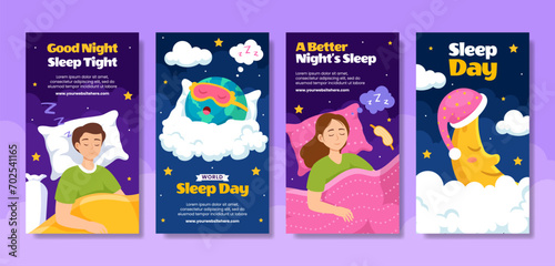 Sleep Day Social Media Stories Flat Cartoon Hand Drawn Templates Background Illustration