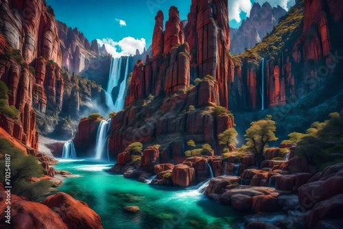 A surreal landscape with vibrant, swirling colors, towering rock formations, and a cascading waterfall captured in 4K ultra HD cinematic photography photo
