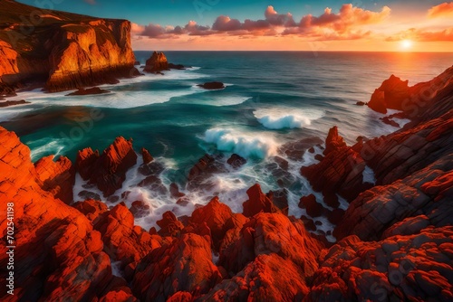 A dynamic coastal landscape with crashing waves, sea cliffs, and a fiery sunset, captured in 16K ultra HD resolution with cinematic flair