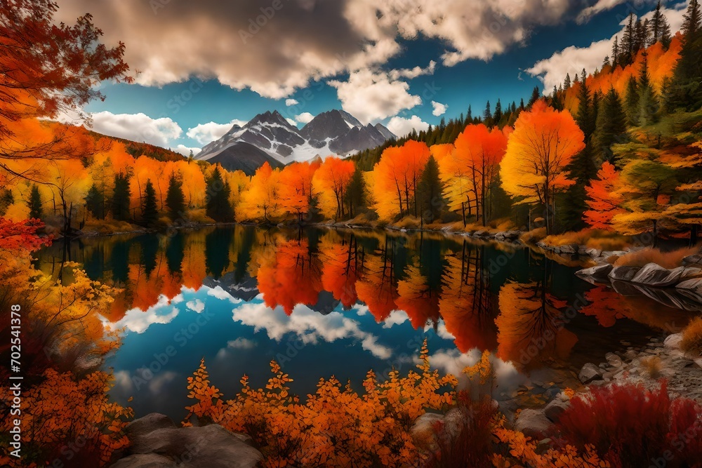 A tranquil lake surrounded by autumn foliage and reflected mountain peaks