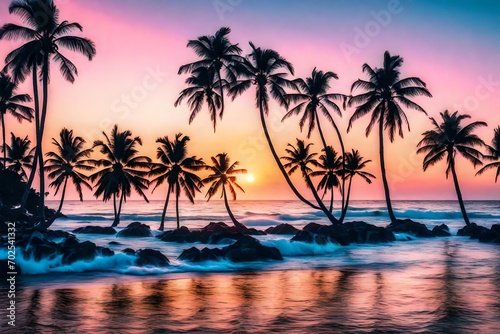 A tranquil coastal landscape at sunset with pastel hues  silhouetted palm trees  and calm ocean waves  captured in 16K ultra HD resolution 