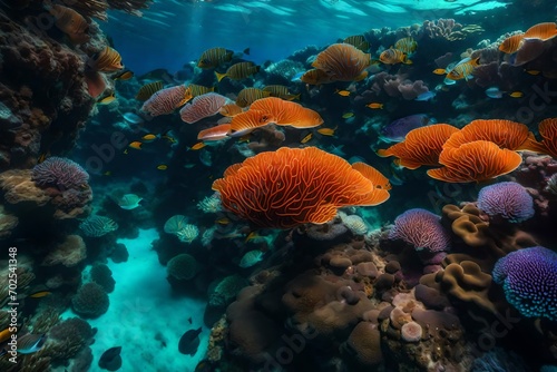 A vibrant coral reef teeming with marine life, captured in 8K ultra HD resolution with mesmerizing underwater cinematography