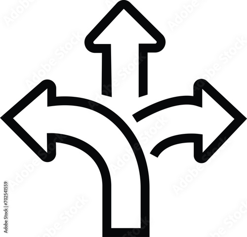 Choice between three roads icon. Three-way directional arrow. Way, road, direction, branching, arrows , Icon for design. Easily editable, pathway, opportunity, logo, split, choose, three concept,