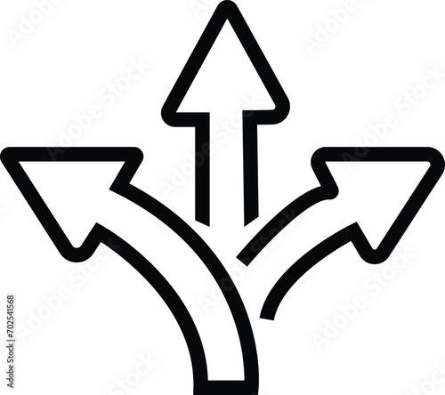 Choice between three roads icon. Three-way directional arrow. Way, road, direction, branching, arrows , Icon for design. Easily editable, pathway, opportunity, logo, split, choose, three concept,