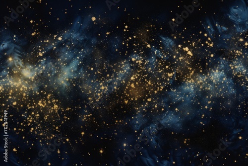 abstract blue and gold background with particles. golden dust light sparkle and star shape on dark endless space wallpaper. Christmas, new year's eve, cosmos theme. Shiny fantasy galaxy concept