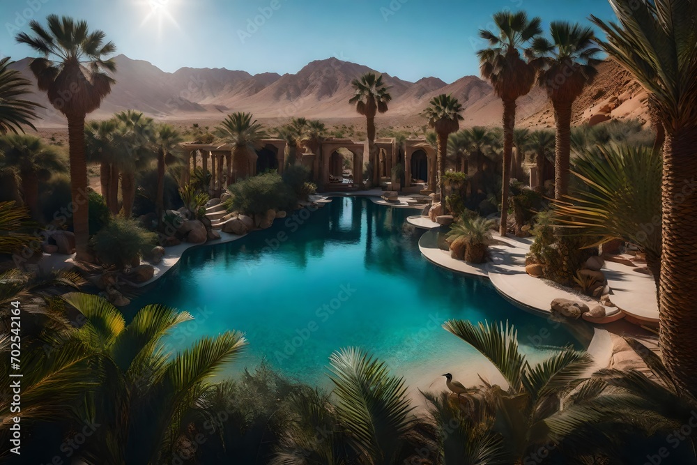 A hidden oasis nestled in a vast desert, with lush palm trees, a shimmering pool of water, and colorful exotic birds.