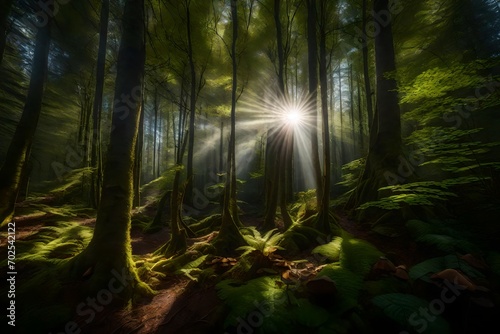 Sunlight filtering through a dense forest canopy  illuminating a vibrant array of wild mushrooms