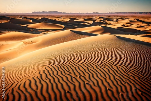 A vast desert landscape with sand dunes stretching as far as the eye can see, illuminated by the warm glow of a setting sun.
