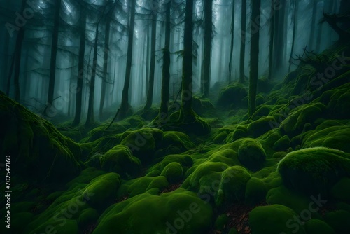 A dense fog rolling over a serene, moss-covered forest, creating an otherworldly and mysterious atmosphere.