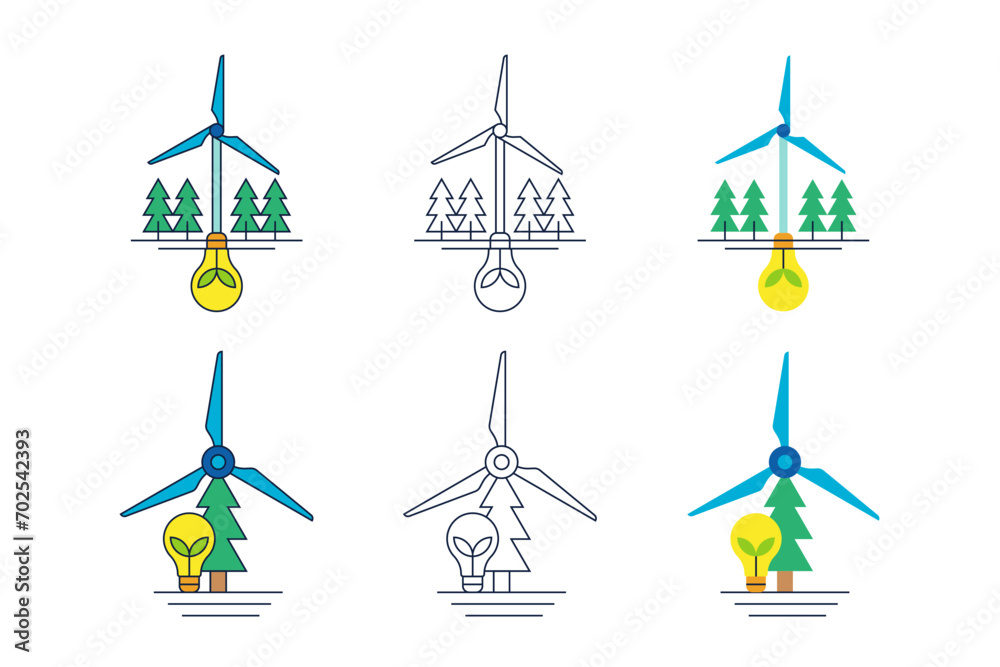 Creative Eco Friendly Energy Illustration of Light Bulb, Tree and Windmill Energy Turbine Icon Set