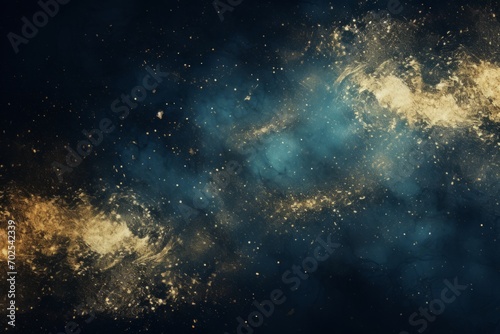 abstract blue and gold background with particles. golden light sparkle and star shape on dark endless space wallpaper. Christmas theme. Shiny texture, galaxy concept photo