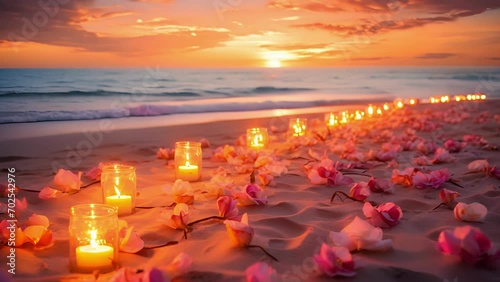 A breathtaking view of a beach pathway enveloped in soft candlelight from lanterns and sprinkled with vibrant flower petals, setting the perfect scene for a romantic evening by the sea. photo