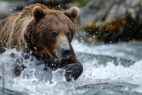A grizzly bear in mid-pounce while hunting for salmon at a rushing river © Veniamin Kraskov