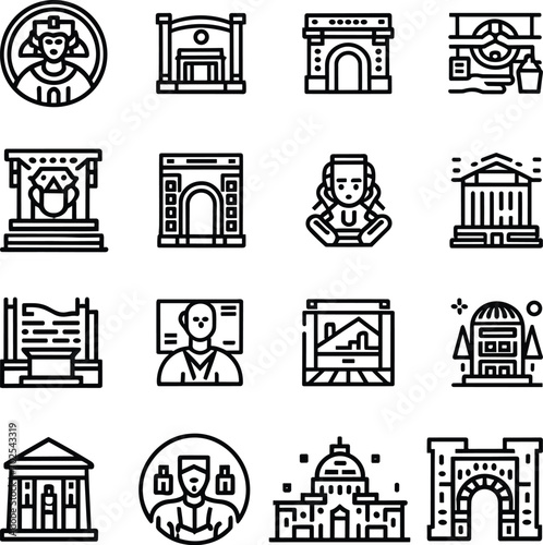 Black and white Simple Set of Museum Related Vector Line Icons. Contains such Icons as Tourist Group, Sculpture, Art Gallery and more