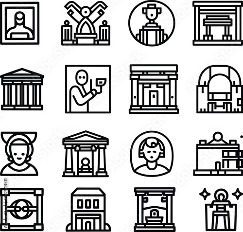 Black and white Simple Set of Museum Related Vector Line Icons. Contains such Icons as Tourist Group, Sculpture, Art Gallery and more