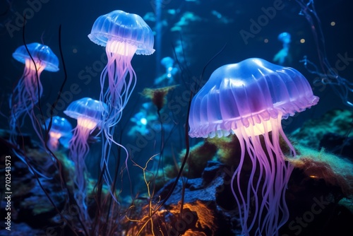 Poisonous fluorescent purple jellyfish during a night dive in deep dark sea water. © okfoto