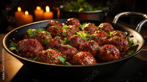 meatballs with melted tomato sauce on a bowl with a black and blur background photo