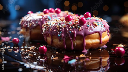 Closeup sweet donuts filled with melted chocolate and sprinkles with a blurred background