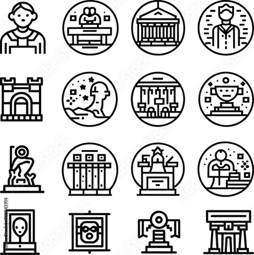 Black and white Simple Set of Museum Related Vector Line Icons. Contains such Icons as Tourist Group, Sculpture, Art Gallery and more