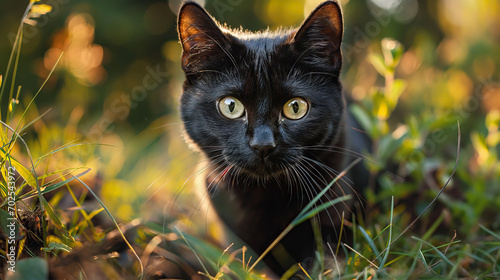 Black cat hunting in grass
