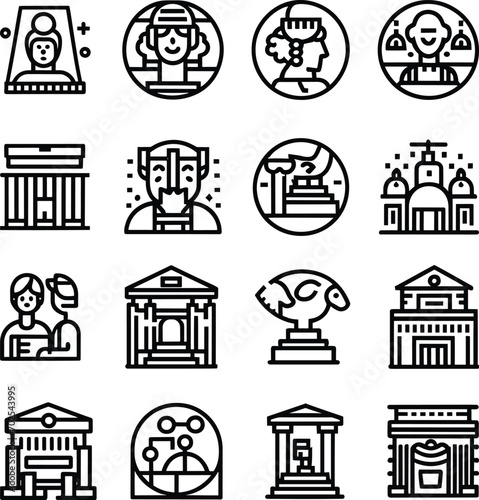 Black and white Simple Set of Museum Related Vector Line Icons. Contains such Icons as Tourist Group, Sculpture, Art Gallery and more