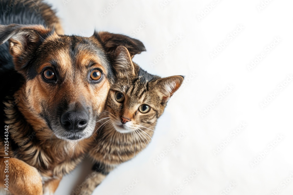 Cute dog and cat looking up on white background.