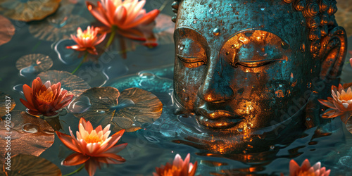 glowing jade golden Buddha face with colorful flowers, nature background, lotuses, heaven light
