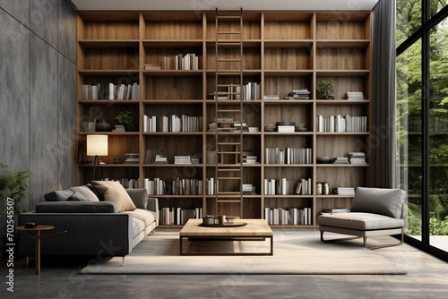 Bookcase with books in a modern house