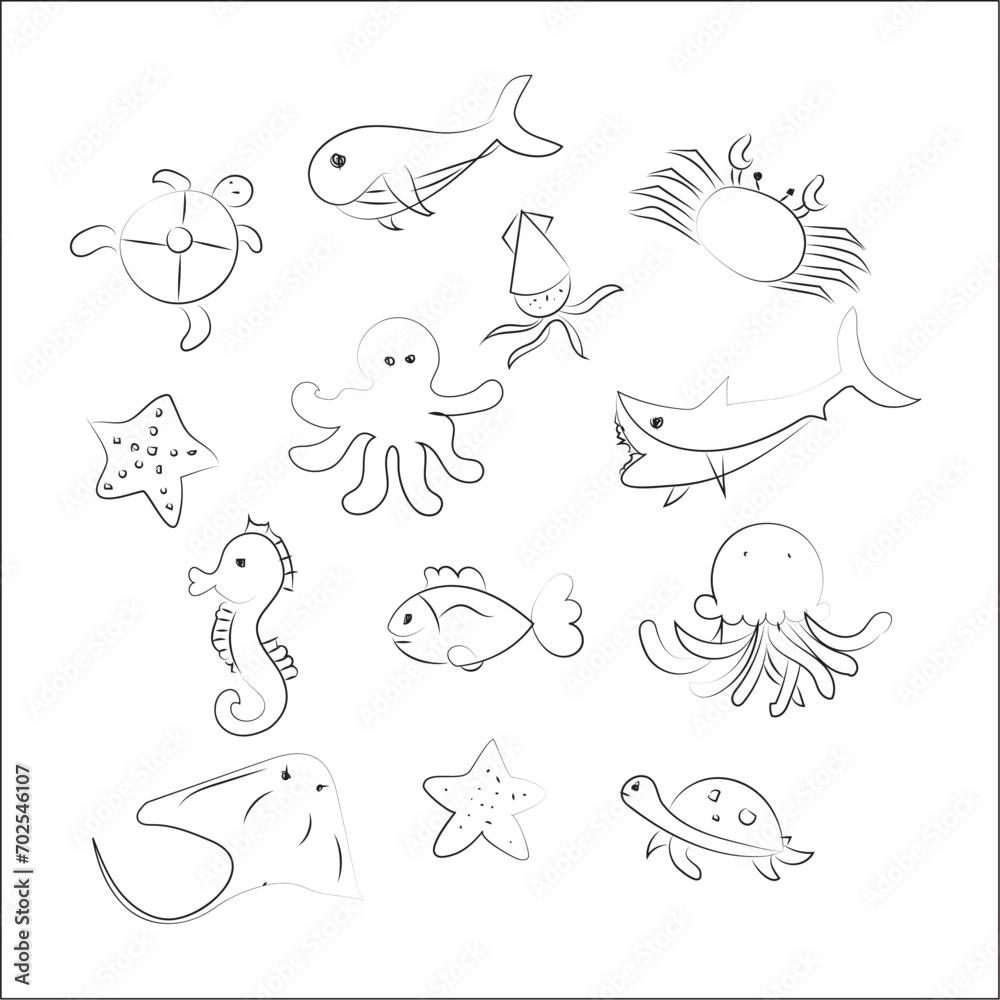 Life animals under the sea with fish, shark, squid, octopus, whale, jellyfish and turtle. Life animals under the sea with fish, shark, squid, octopus, whale, jellyfish and turtle.