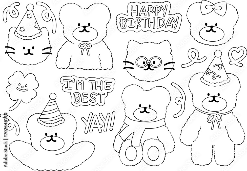 HAPPY BIRTHDAY outlines with cat and bear for kids' colouring book, cartoon character, animal sticker, brand logo, pet icon, fabric print, social media post, ad, banner, kids, party elements, clothing