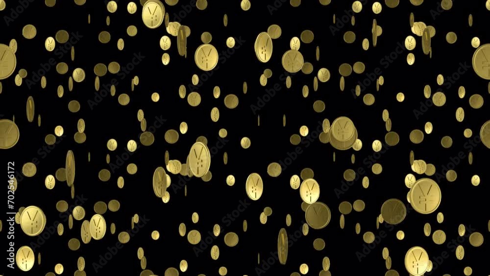 Gold coin Yuan money loop tile falling with alpha. This 3d animation for finance is loopable and tileable and can create an infinite seamless background texture.