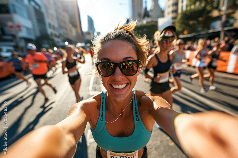 Young woman taking selfie while running in Marathon